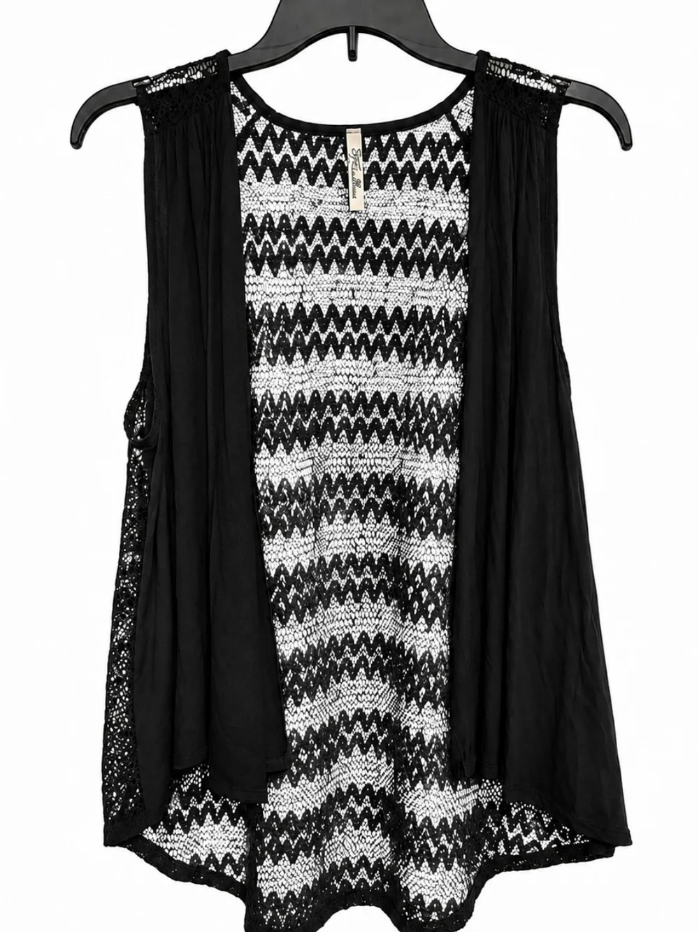 Women's Sz L Black Crochet Sleeveless Cardigan